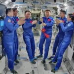 The Shenzhou-21 crew and the Shenzhou-23 crew during a handover ceremony on Thursday. (CSMA).