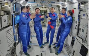 The Shenzhou-21 crew and the Shenzhou-23 crew during a handover ceremony on Thursday. (CSMA).