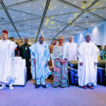 L-R:Former President Goodluck Jonathan Vice‑President Kashim Shettima, former Head of State Gen. Yakubu Gowon (rted) with his wife Victoria, Former Chief of Defence Staff,  Gen. Martin Luther Agwai (rted) Sultan of Sokoto, Muhammadu Sa’ad Abubakar III and former Head of State, Abdulsalami Abubakar at the launch of Gowon’s memoir — titled “My Life of Duty and Allegiance”