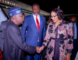 From Left: President Tinubu; Kenya Cabinet Secretary for Foreign and Diaspora Affairs,  Musalia Mudavadi and Nigeria Minister of Foreign Affairs, Bianca Odumegwu-Ojukwu on his arrival to attend Africa-france summit in Nairobi, Kenya on Monday, May 11, 2026