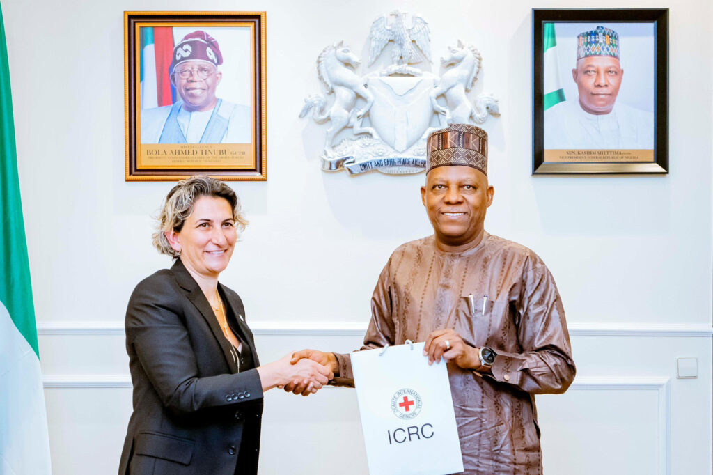 Vice President Kashim Shettima and the Head of Delegation for the International Committee of the Red Cross (ICRC) in Nigeria, Doris El Doueihy during a courtesy visit to the Vice President in the Presidential Villa on Tuesday, May 5, 2026