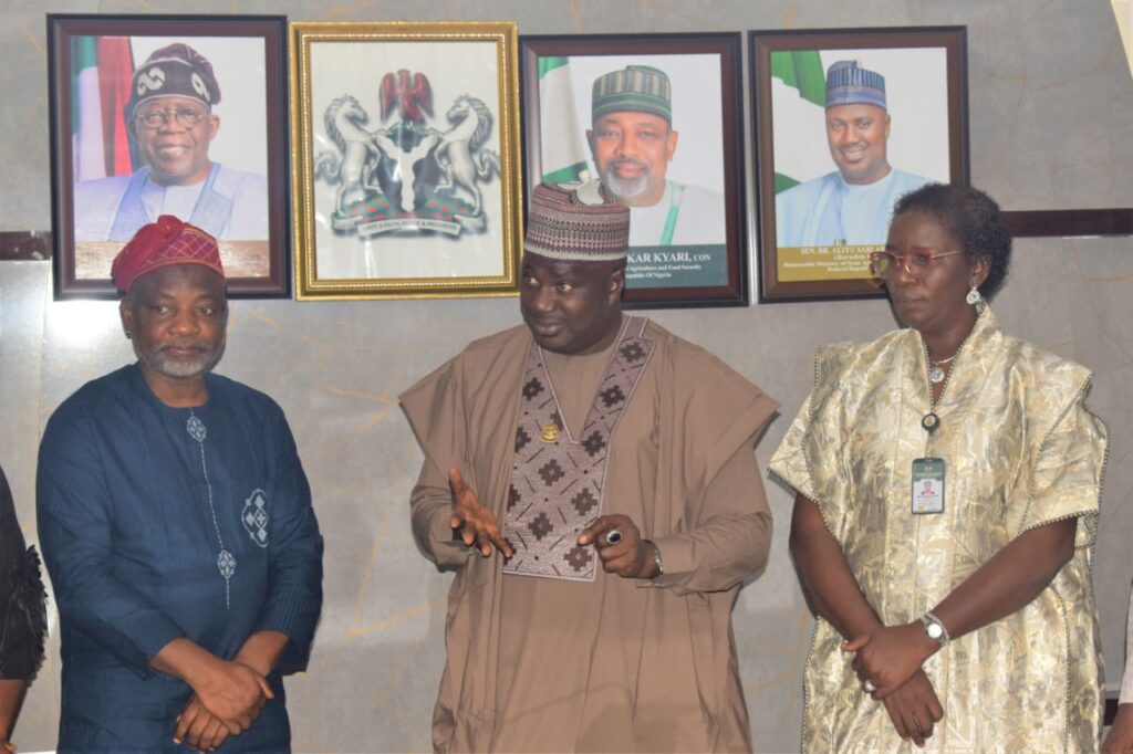 (L-R) TWG Chairman, Prof Lateef Olademije San; Minister of State for Agriculture and Food Security Sabi Abdullahi (Middle) and Director, Plant Health and Pest Control Department, Grace Iwendi, at the TWG inauguration in Abuja