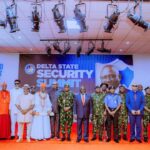 Governor Sheriff Oborevwori flanked by the Chief of Civil-Military Relations, Nigerian Air Force, Air Vice Marshal Edward Gabkwet, Commander 63 Brigade, Nigerian Army, Asaba, Brigadier General Folu Shonibare, and Commander, Nigerian Navy Ship Delta, Commodore Shehu Tasiu, Commissioner of Police, Delta State Command, John Oyeniyiz bh c z,lm,, and traditional rulers at the Delta state Security Summit held at the Unity Hall, Government House, Asaba, with the theme6, “Security: A Collective Responsibility”, on Wednesday, June 17, 2026