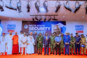 Governor Sheriff Oborevwori flanked by the Chief of Civil-Military Relations, Nigerian Air Force, Air Vice Marshal Edward Gabkwet, Commander 63 Brigade, Nigerian Army, Asaba, Brigadier General Folu Shonibare, and Commander, Nigerian Navy Ship Delta, Commodore Shehu Tasiu, Commissioner of Police, Delta State Command, John Oyeniyiz bh c z,lm,, and traditional rulers at the Delta state Security Summit held at the Unity Hall, Government House, Asaba, with the theme6, “Security: A Collective Responsibility”, on Wednesday, June 17, 2026