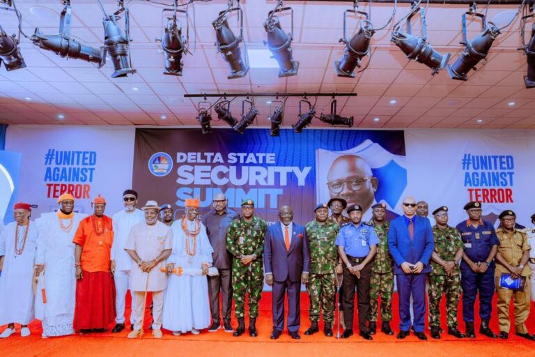 Governor Sheriff Oborevwori flanked by the Chief of Civil-Military Relations, Nigerian Air Force, Air Vice Marshal Edward Gabkwet, Commander 63 Brigade, Nigerian Army, Asaba, Brigadier General Folu Shonibare, and Commander, Nigerian Navy Ship Delta, Commodore Shehu Tasiu, Commissioner of Police, Delta State Command, John Oyeniyiz bh c z,lm,, and traditional rulers at the Delta state Security Summit held at the Unity Hall, Government House, Asaba, with the theme6, “Security: A Collective Responsibility", on Wednesday, June 17, 2026