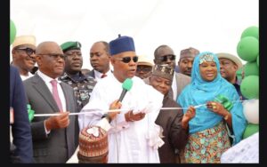 L-R FCT Minister, Nyesom Wike, Vice President Kashim Shettima, Chairman, House Committee on FCT, Hon Muktar Aliyu Betara and Minister of State, FCT, Dr Mariya Mahmoud during the commissioning of Arterial Road CN2 and other roads in Katampe District, Abuja on Friday
