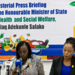 The Permanent Secretary FMOH Daju Kacholom Middle, Dr. Doris Aneke, Dir OPT ( right) and  Olufowobi Yusuf Dir. Food and Drugs service FMOH during the briefing