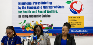 The Permanent Secretary FMOH Daju Kacholom Middle, Dr. Doris Aneke, Dir OPT ( right) and  Olufowobi Yusuf Dir. Food and Drugs service FMOH during the briefing