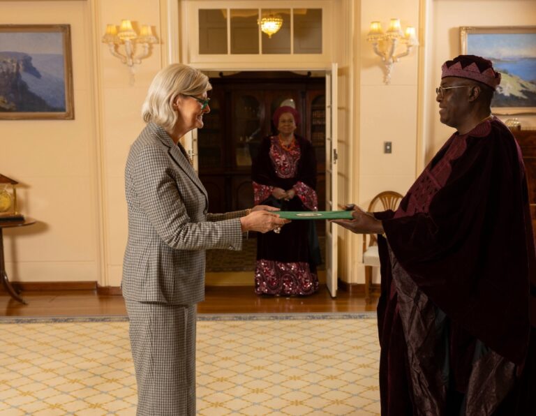 Ambassador Femi Pedro presents letter of credence to Governor-General of the Commonwealth of Australia, the Honourable Ms. Sam Mostyn AC.