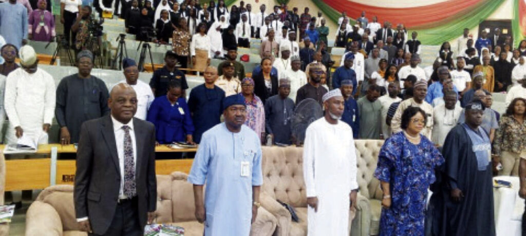 L-R: Executive Secretary of TETFund, Sonny Echono; UniAbuja VC, Prof. Hakeem Babatunde Fawehinmi; and other dignitaries who attended the public lecture.