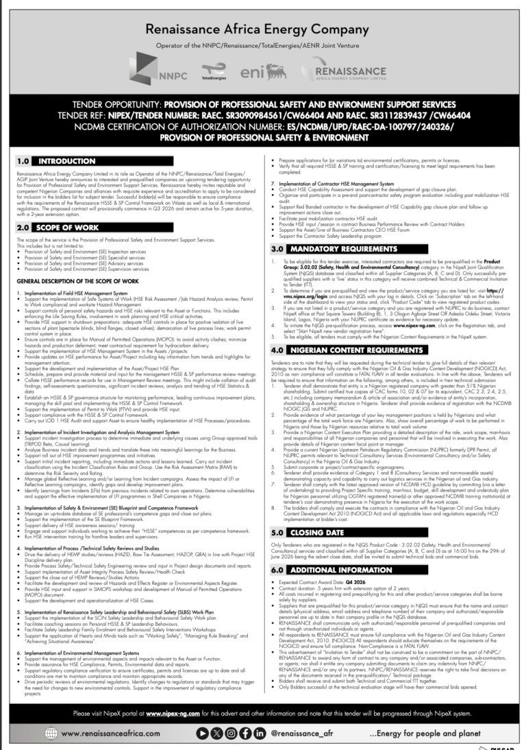 TENDER OPPORTUNITY: PROVISION OF PROFESSIONAL SAFETY AND ENVIRONMENT SUPPORT SERVICES