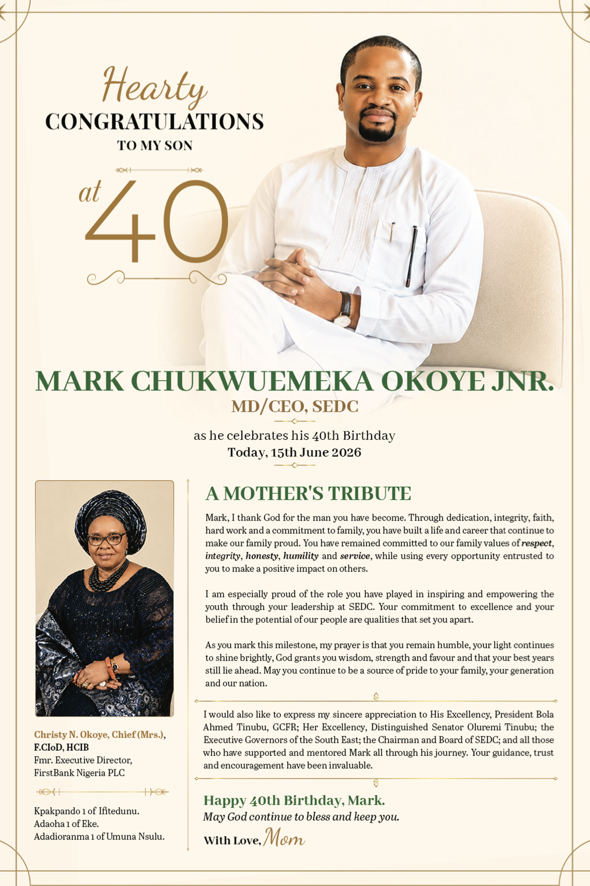 Hearty CONGRATULATIONS TO MY SON at 40: MARK CHUKWUEMEKA OKOYE, JNR.