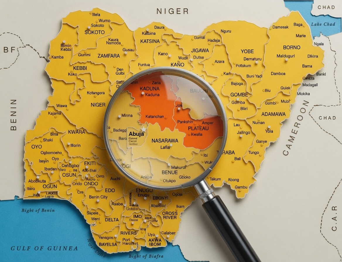 NIGERIA MAP – KADUNA, PLATEAU MAPS HIGHLIGHTED ORANGE AND MAGNIFYING MAP