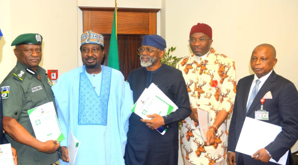 From left: Inspector General of Police, Olatunji Disu, Deputy Senate President Sen. Jibrin Barau; Chief of Staff to the President, Femi Gbajabiamila; Deputy Speaker Benjamin Kalu and Minister of Justice and Attorney General of the Federation, Lateef Fagbemi (SAN) during the committee meeting on State Police held at the State House, Abuja. Thursday June 03, 2026