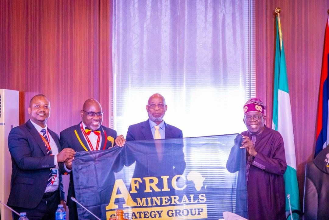 L- R: AMSG Chief of Staff, Patrick Mulindwa, Secretary-General of the African Minerals Strategy Group (AMSG), Moses Michael Engadu; Nigeria’s Minister of Solid Minerals Development and Chairperson of the AMSG Ministerial Steering Committee, Dele Alake; and President Bola Ahmed Tinubu during the presentation of the AMSG Instrument of Ratification and the President’s swearing-in as Chairman of the AMSG General Assembly at the State House in Abuja on Tuesday, June 23, 2026