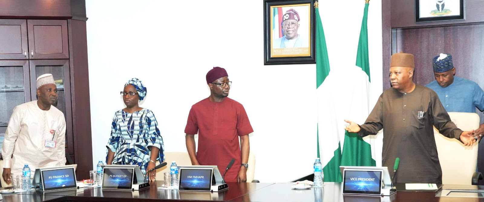 From left: Permanent Secretary, Federal Ministry of Finance, Muhammed Sanusi Dannuma: Permanent Secretary, Federal Ministry of Budget and Economic Planning, Deborah Odoh: Minister of Humanitarian Affairs and Poverty Reduction, Dr. Bernard Mohammed Doro and Vice President Kashim Shettima during Meeting on Anficipatroy Action and Task Force at the Presidential Villa in Abuja on Thursday (25/6/2026)