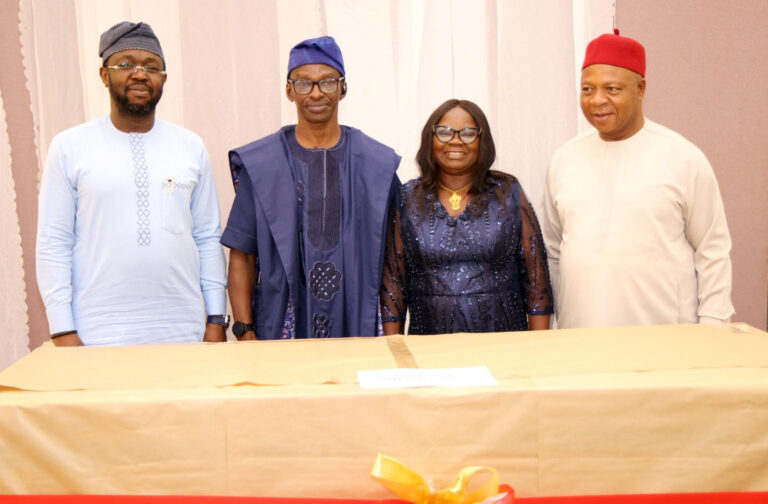 Permanent Secretary State House Temitope Peter Fashedemi, husband of the retired Director Audit, James Akintola, retired Director of Internal Audit, Mrs. Adenike Akintola, and immediate past Permanent Secretary General Services Office (GSO) in the Office of the Secretary to the Government of the Federation, High Chief (Dr) Maurice Mbaeri, during the send off ceremony in honour of four retired Directors in the State House. Thursday, June 04, 2026