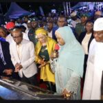 L-R: MD, Julius Berger PLC, Dr Peer Lubasch; FCT Minister, Nyesom Wike; First Lady of the Federal Republic of Nigeria, Oluremi Tinubu; FCT Minister of State, Mariya Mahmoud; Osita Izunaso during the cutting of the tape for the commissioning of the Remodelled Abuja City Gate on Thursday, July 9, 2026
