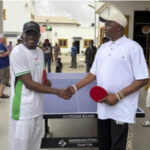 L-R- Lagos monarchs, Oba Ibrahim Olasunkanmi Olanwa and Oba Sulaimon Adeshina Raji (Jafo) in a table tennis clash