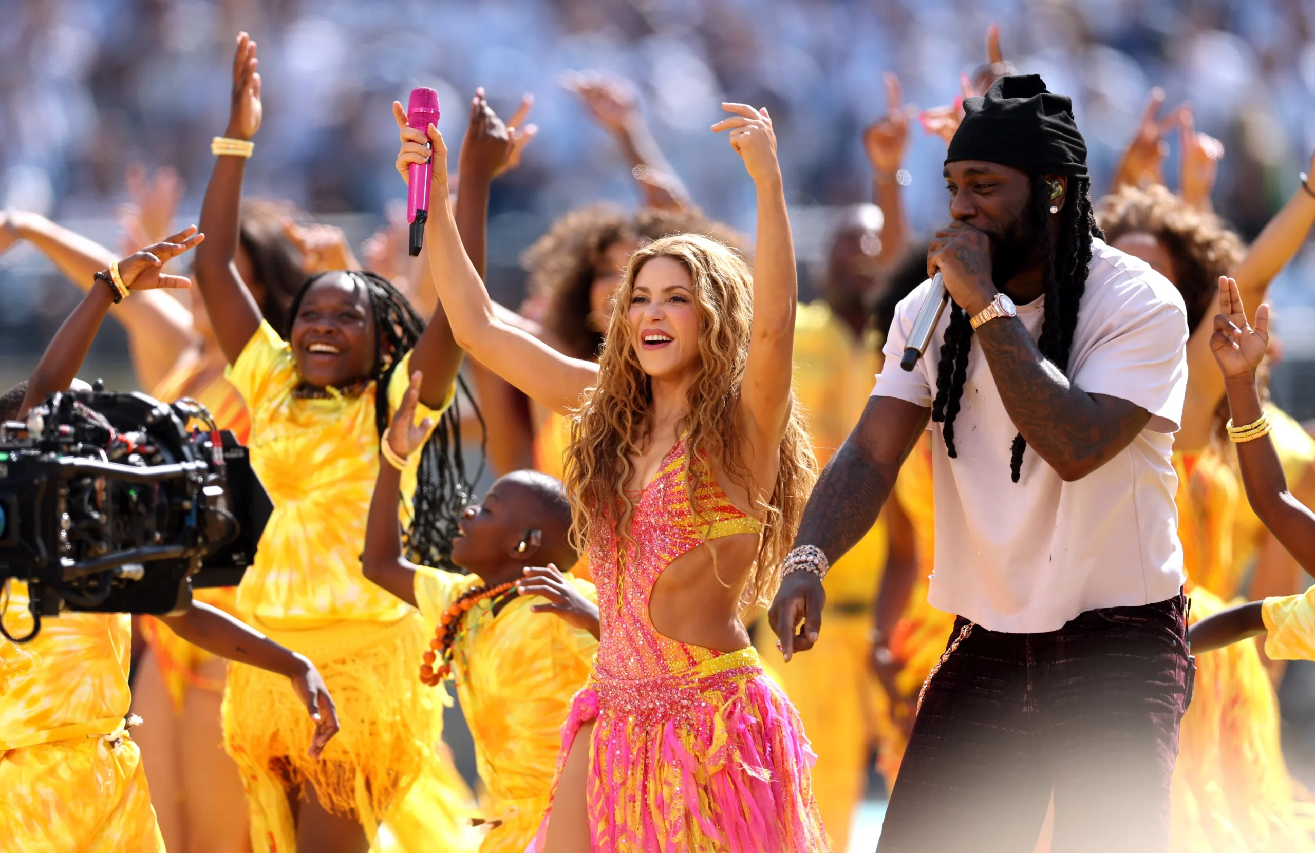 Shakira and Burna Boy perform at the 2026 World Cup final halftime show