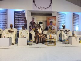 L-R: Representative of Minister of Marine and Blue, Alhaji Isiaka Adegboyega Oyetola; Prof Olu Aina; Chief Shuaib Afolabi Oyedokun; his wife and the Representative of Chief Bisi Akande, at the event.