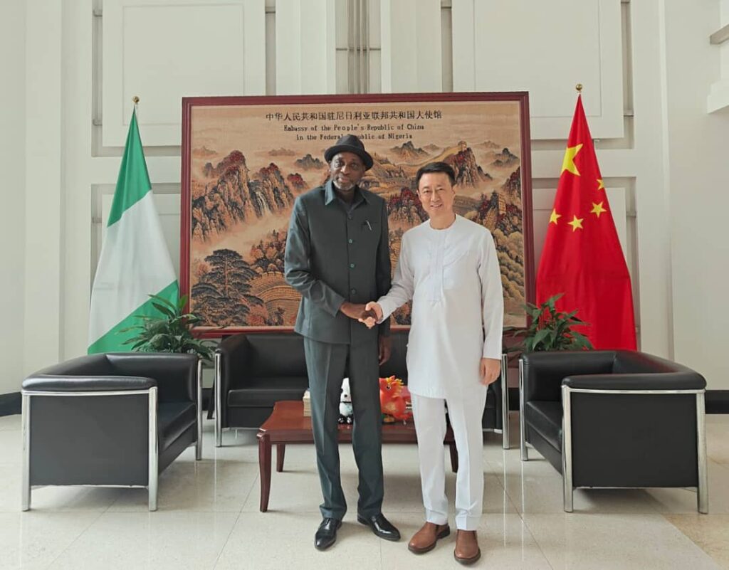The Chinese Ambassador to Nigeria, Yu Dunhai (r), with the Director-General of the National Institute for Policy and Strategic Studies, Kuru, Jos, Professor Ayo Omotayo, when the Chinese envoy received Omotayo and his delegation in Abuja.