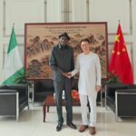 The Chinese Ambassador to Nigeria, Yu Dunhai (r), with the Director-General of the National Institute for Policy and Strategic Studies, Kuru, Jos, Professor Ayo Omotayo, when the Chinese envoy received Omotayo and his delegation in Abuja.
