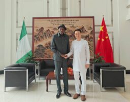 The Chinese Ambassador to Nigeria, Yu Dunhai (r), with the Director-General of the National Institute for Policy and Strategic Studies, Kuru, Jos, Professor Ayo Omotayo, when the Chinese envoy received Omotayo and his delegation in Abuja.