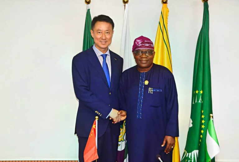 The Chinese Ambassador to Nigeria, Yu Dunhai (l), with the Minister of State, Foreign Affairs, Ambassador Sola Enikanolaiye, when the minister received the Chinese envoy in audience at the Tafawa Balewa House, Abuja