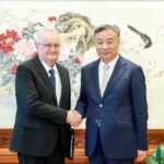 Chinese Vice Foreign Minister, Miao Deyu (r), with the Deputy Foreign Minister of the Russian Federation, Georgy Borisenko, during the China-Russia consultations on Middle East and African affairs in Beijing.