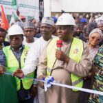 From right: Plateau State Governor Caleb Mutfwang; Minister of Women Affairs, Imaan Sulaiman-Ibrahim; President Bola Tinubu’s representative, APC National Chairman, Prof. Nentawe Yilwatda; Nasarawa State Governor, Abdullahi Sule; Minister of State for Works, Bello Goronyo; Minister of Works, David Umahi; and others at the flag off of the 125-kilometre Akwanga–Jos section of the Akwanga–Jos–Bauchi–Gombe–Biu–Maiduguri Superhighway in Akwanga, Nasarawa State on Wednesday 2nd July 2026.