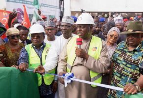 From right: Plateau State Governor Caleb Mutfwang; Minister of Women Affairs, Imaan Sulaiman-Ibrahim; President Bola Tinubu’s representative, APC National Chairman, Prof. Nentawe Yilwatda; Nasarawa State Governor, Abdullahi Sule; Minister of State for Works, Bello Goronyo; Minister of Works, David Umahi; and others at the flag off of the 125-kilometre Akwanga–Jos section of the Akwanga–Jos–Bauchi–Gombe–Biu–Maiduguri Superhighway in Akwanga, Nasarawa State on Wednesday 2nd July 2026.