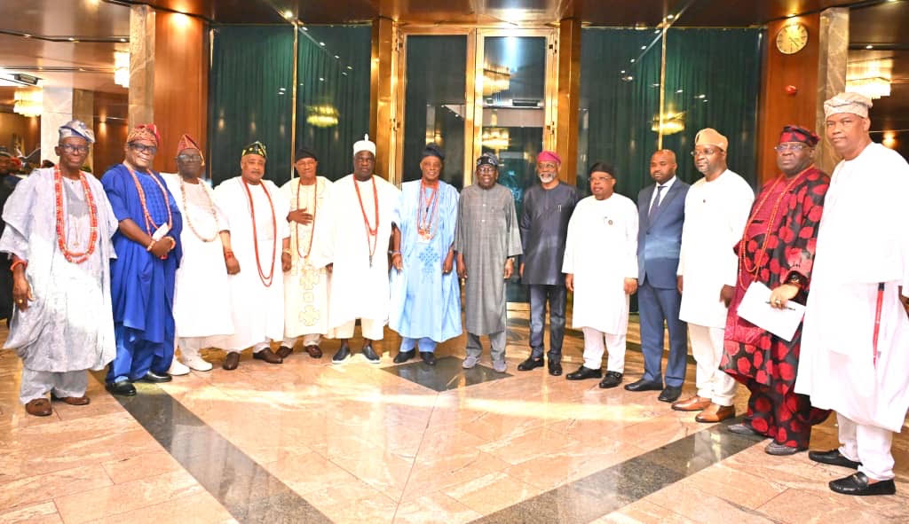President Bola Tinubu receives in audience with Oyo State Traditional Rulers led by Olubadan of Ibadanland, Imperial Majesty Oba Rashidi Adewolu Ladoja, with them are Chief of staff to the President, Femi Gbajabiamila; Minister of Power, Joseph Tegbe; Executive Chairman, Nigeria Revenue Service, Dr. Zacch Adedeji; SSA to the President on Public Communication, Sunday Dare other Obas from Oyo State held at the Presidential Villa Abuja on Thursday