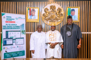 (Right to left) The Permanent Secretary (Cabinet Affairs Office) Dr. John Chidiebere Ezeamama, Senior Technical Adviser to SGF, Prof. Babatunde Bolaji Bernard and the Director-General of BPSR, Dr. Dasuki Ibrahim Arabi during the launch of the digital tools in Abuja