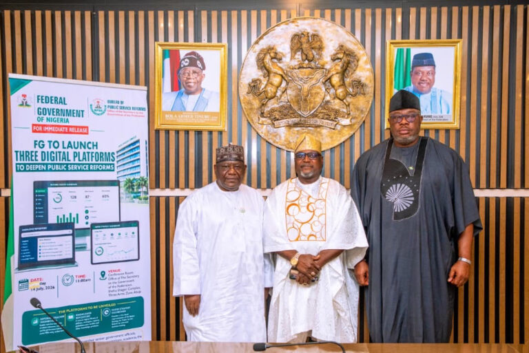 (Right to left) The Permanent Secretary (Cabinet Affairs Office) Dr. John Chidiebere Ezeamama, Senior Technical Adviser to SGF, Prof. Babatunde Bolaji Bernard and the Director-General of BPSR, Dr. Dasuki Ibrahim Arabi during the launch of the digital tools in Abuja