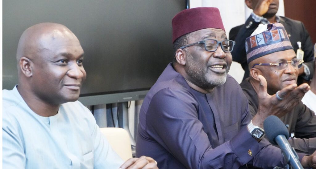 From left: NDDC Managing Director and Chief Executive officer, Samuel Ogbuku: Deputy Chief of Staff to the President office of the Vice President Ibrahim Hadejia and Senior Special Assistant to the President on Agribusiness and Productivity office of the Vice President, Kingsly Uzoma during a Press Conference on the forthcoming NDDC Agric Summit in Abuja at the Presidential Villa in on Thursday 09/07/2026.