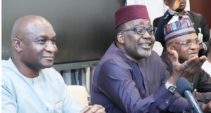 From left: NDDC Managing Director and Chief Executive officer, Samuel Ogbuku: Deputy Chief of Staff to the President office of the Vice President Ibrahim Hadejia and Senior Special Assistant to the President on Agribusiness and Productivity office of the Vice President, Kingsly Uzoma during a Press Conference on the forthcoming NDDC Agric Summit in Abuja at the Presidential Villa in on Thursday 09/07/2026.