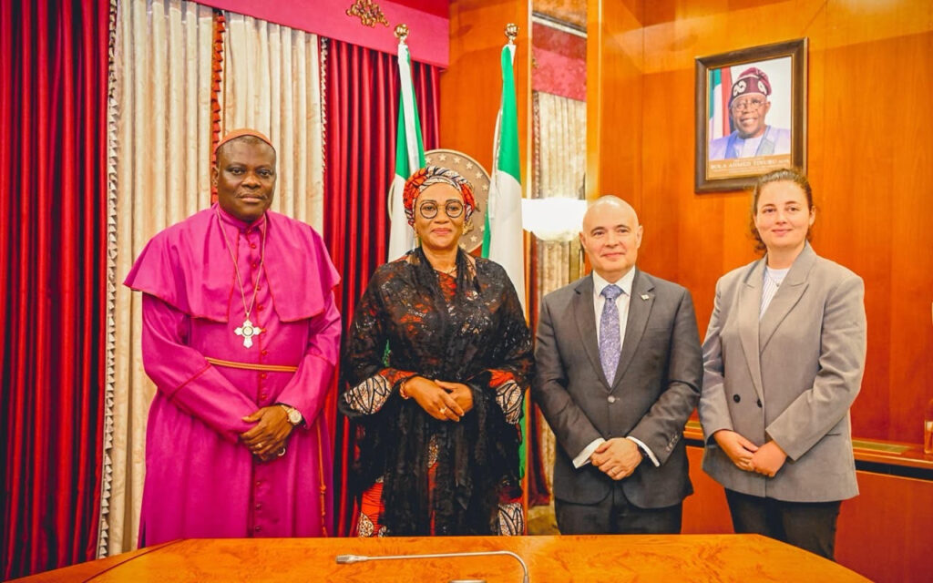 L-R Executive Secretary Nigeria Christian Pilgrims Welfare Commission and Chaplain State House Chapel, Bishop S.T.V Adegbite, First Lady of Nigeria Senator Oluremi Tinubu, Ambassador of the State of Israel in Nigeria, Michael Shaul Freeman and Deputy Chief Mission Rachel Mishel Stavissky during the courtesy visit of the Ambassador to the First Lady at the State House Abuja on Tuesday 28th July 2026