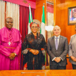L-R Executive Secretary Nigeria Christian Pilgrims Welfare Commission and Chaplain State House Chapel, Bishop S.T.V Adegbite, First Lady of Nigeria Senator Oluremi Tinubu, Ambassador of the State of Israel in Nigeria, Michael Shaul Freeman and Deputy Chief Mission Rachel Mishel Stavissky during the courtesy visit of the Ambassador to the First Lady at the State House Abuja on Tuesday 28th July 2026