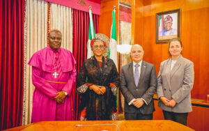 L-R Executive Secretary Nigeria Christian Pilgrims Welfare Commission and Chaplain State House Chapel, Bishop S.T.V Adegbite, First Lady of Nigeria Senator Oluremi Tinubu, Ambassador of the State of Israel in Nigeria, Michael Shaul Freeman and Deputy Chief Mission Rachel Mishel Stavissky during the courtesy visit of the Ambassador to the First Lady at the State House Abuja on Tuesday 28th July 2026