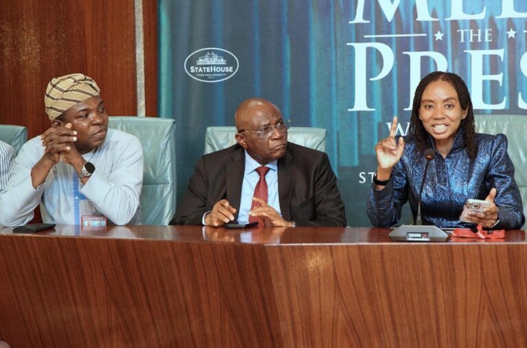 Senior Special Assistant to the President on Media and Publicity, Temitope Ajayi, Special Adviser to the President on Information and Strategy, Bayo Onanuga and Director-General of National Pension Commission, Omolola Oloworaran, at the State House during a media briefing on activities of the commission on Tuesday, July 14, 2026