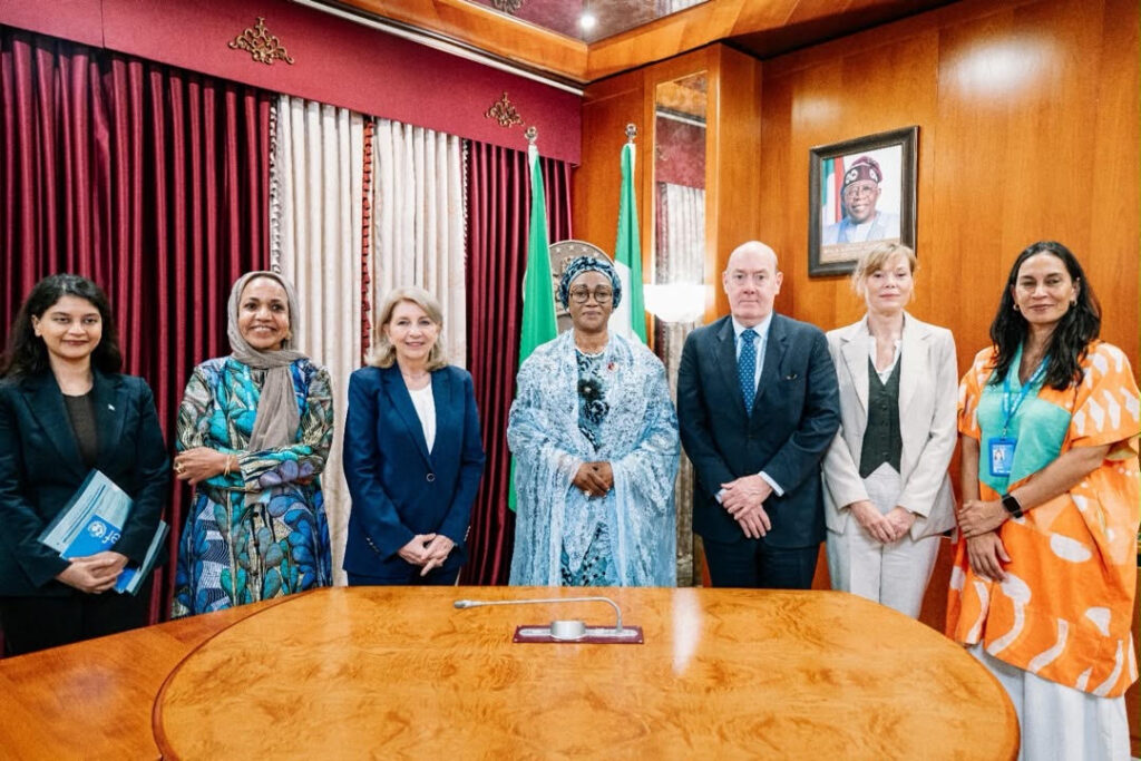 L-R Senior Adviser, Communication, Malene Kamp Jensen, UNICEF Nigeria’s Country Representative, Wafaa Saeed Abdelatef, UNICEF’s Executive Director of Mission to Nigeria Catherine Russell, First Lady of Nigeria Senator Oluremi Tinubu, Chief of Staff and Director of the Office of the UNICEF Executive Director, Mr. Ted Maly, Project Planning Officer, Maline Serrano and Executive Specialist, Office of the Executive Director UNICEF, Nabila Jamshed during the courtesy visit of the UNICEF delegation to the First Lady at the State House Abuja on Thursday 16th July, 2026