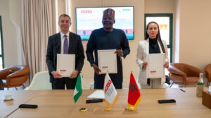 From left: Chief Executive Officer of Ground Truth Analytics, Driss Kitane, Deputy Chief of Staff to the President (in the Office of the Vice President), Senator Ibrahim Hadejia and Chief Executive Officer of OCP Africa, Alafifi Laadel, at the signing of the Memorandum of Understanding on National Agro-Productivity System between the PFSCU, OCP Africa and Ground Truth Analytics at the Mohammed VI Polytechnic University in Ben Guerir, Morocco, on Friday, July 17, 2026