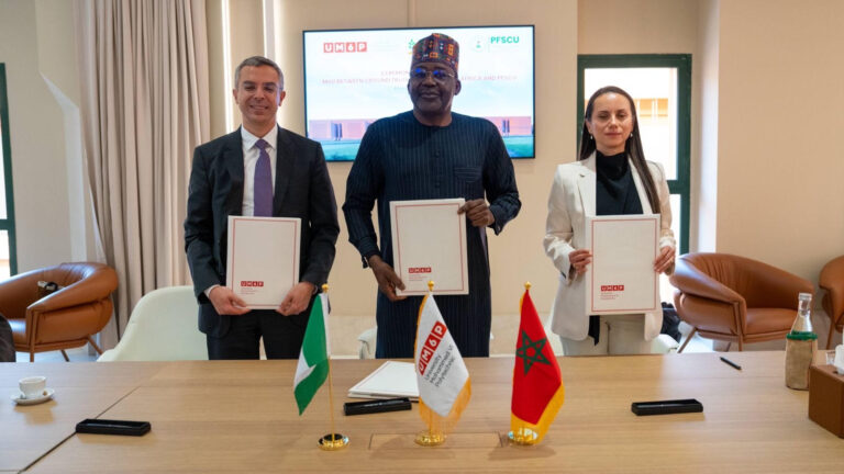 From left: Chief Executive Officer of Ground Truth Analytics, Driss Kitane, Deputy Chief of Staff to the President (in the Office of the Vice President), Senator Ibrahim Hadejia and Chief Executive Officer of OCP Africa, Alafifi Laadel, at the signing of the Memorandum of Understanding on National Agro-Productivity System between the PFSCU, OCP Africa and Ground Truth Analytics at the Mohammed VI Polytechnic University in Ben Guerir, Morocco, on Friday, July 17, 2026