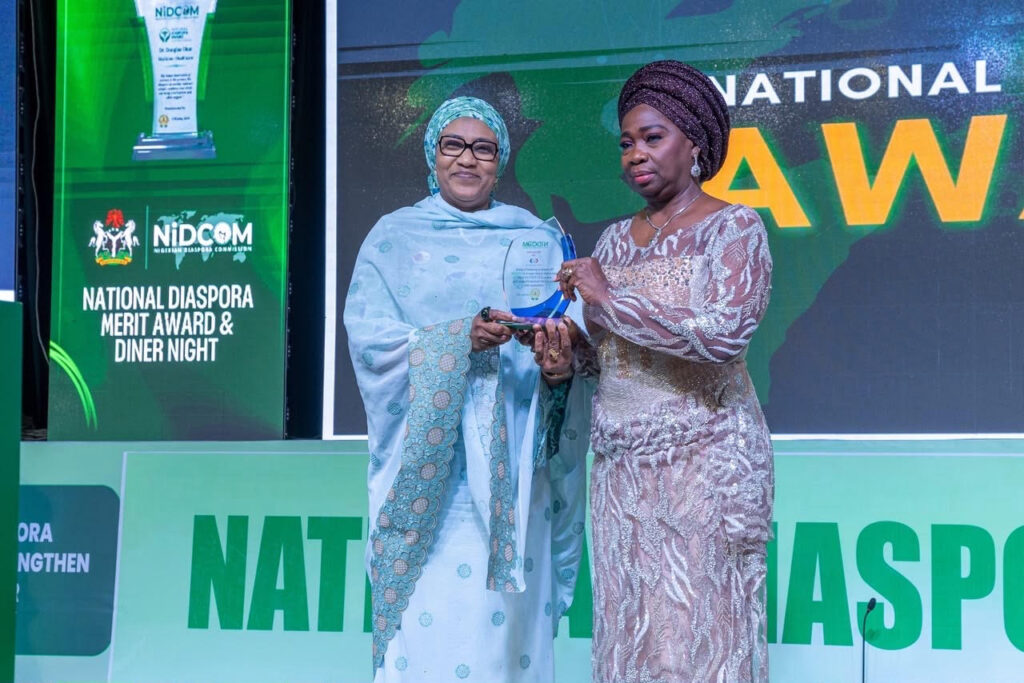 Wife of the Vice President, Nana Shettima representing the First Lady of Nigeria Oluremi Tinubu to receive the Diaspora Health and Humanity Champion Award presented by the Chairman/CEO NIDCOM Hon Mrs Abike Dabiri Erewa at the 4th NIDCOM Awards ceremony held in Abuja on Saturday 25th July 2026