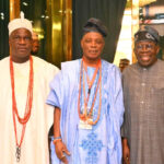 From right: President Bola Ahmed Tinubu; Olubadan of Ibadanland, Oba Rashidi Adewolu Ladoja and Olugbon of Orile Igbon, Oba Francis Olusola Alao during an audience with President Tinubu at the presidential Villa Abuja on Thursday