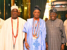 From right: President Bola Ahmed Tinubu; Olubadan of Ibadanland, Oba Rashidi Adewolu Ladoja and Olugbon of Orile Igbon, Oba Francis Olusola Alao during an audience with President Tinubu at the presidential Villa Abuja on Thursday