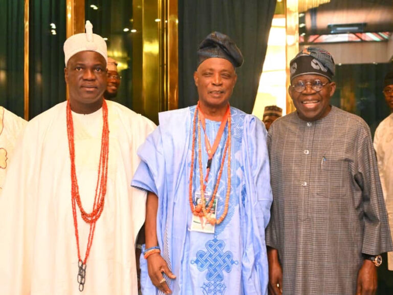 From right: President Bola Ahmed Tinubu; Olubadan of Ibadanland, Oba Rashidi Adewolu Ladoja and Olugbon of Orile Igbon, Oba Francis Olusola Alao during an audience with President Tinubu at the presidential Villa Abuja on Thursday