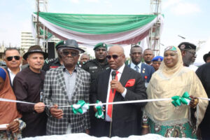 R-L: FCT Minister of State, Dr Mariya Mahmoud; Senate President, Obong Godswill Akpabio; FCT Minister, Barr Ezenwo Nyesom Wike; Managing Director, Levant Construction Limited, Mr Elie Tannous at the Commissioning of Transit Way N2, on Tuesday, July 7, 2026