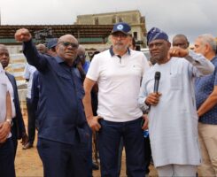 R-L: Ag. Executive Secretary, FCDA, Richard Dauda, Managing Director Arab Contractors, Mohammed Eldaros and the FCT Minister, Nyesom Wike, during the Minister’s inspection of the ongoing construction of Arterial Road N1 from Wuye District to Ring Road II in Abuja…Thursday
